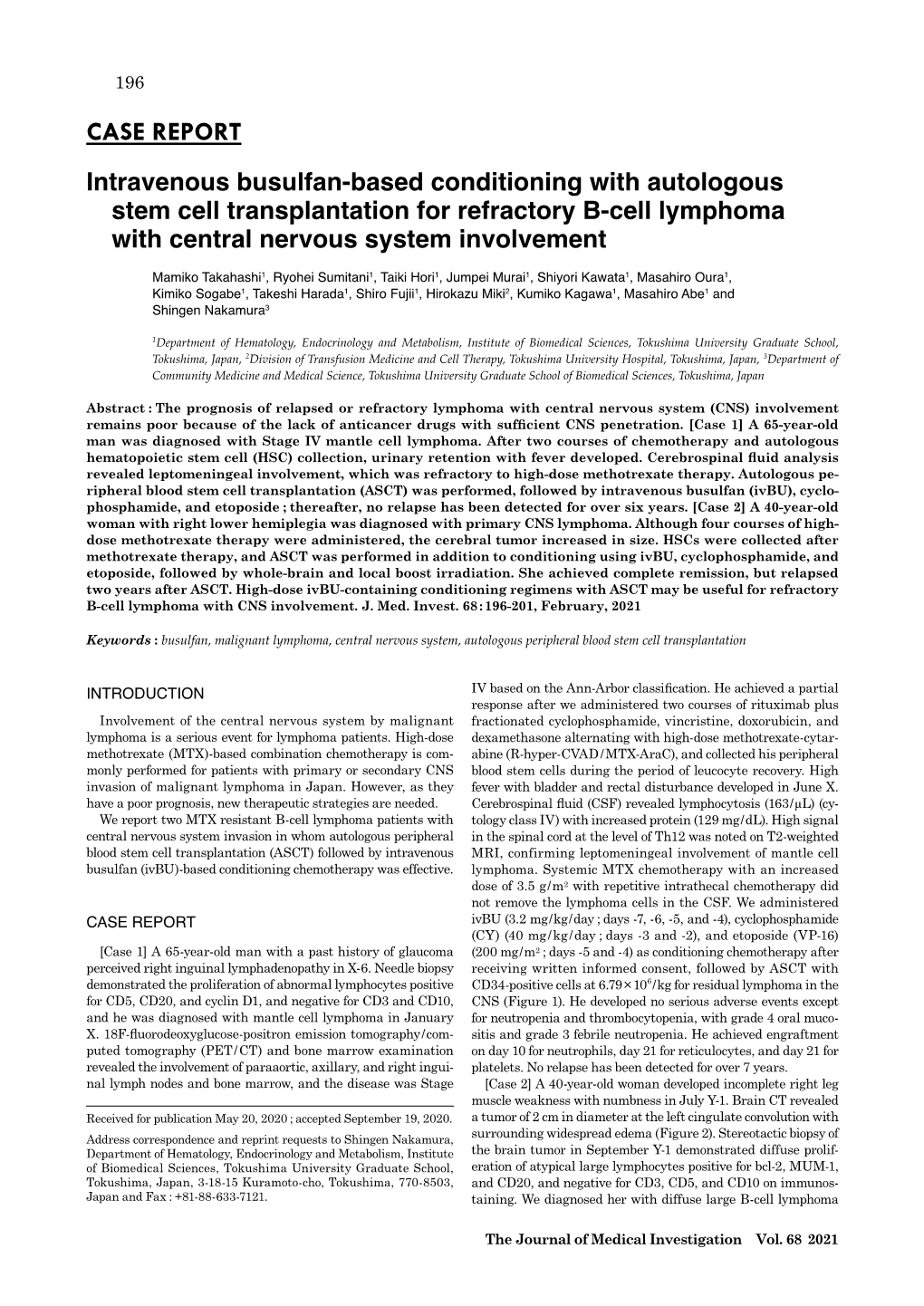 CASE REPORT Intravenous Busulfan-Based Conditioning With