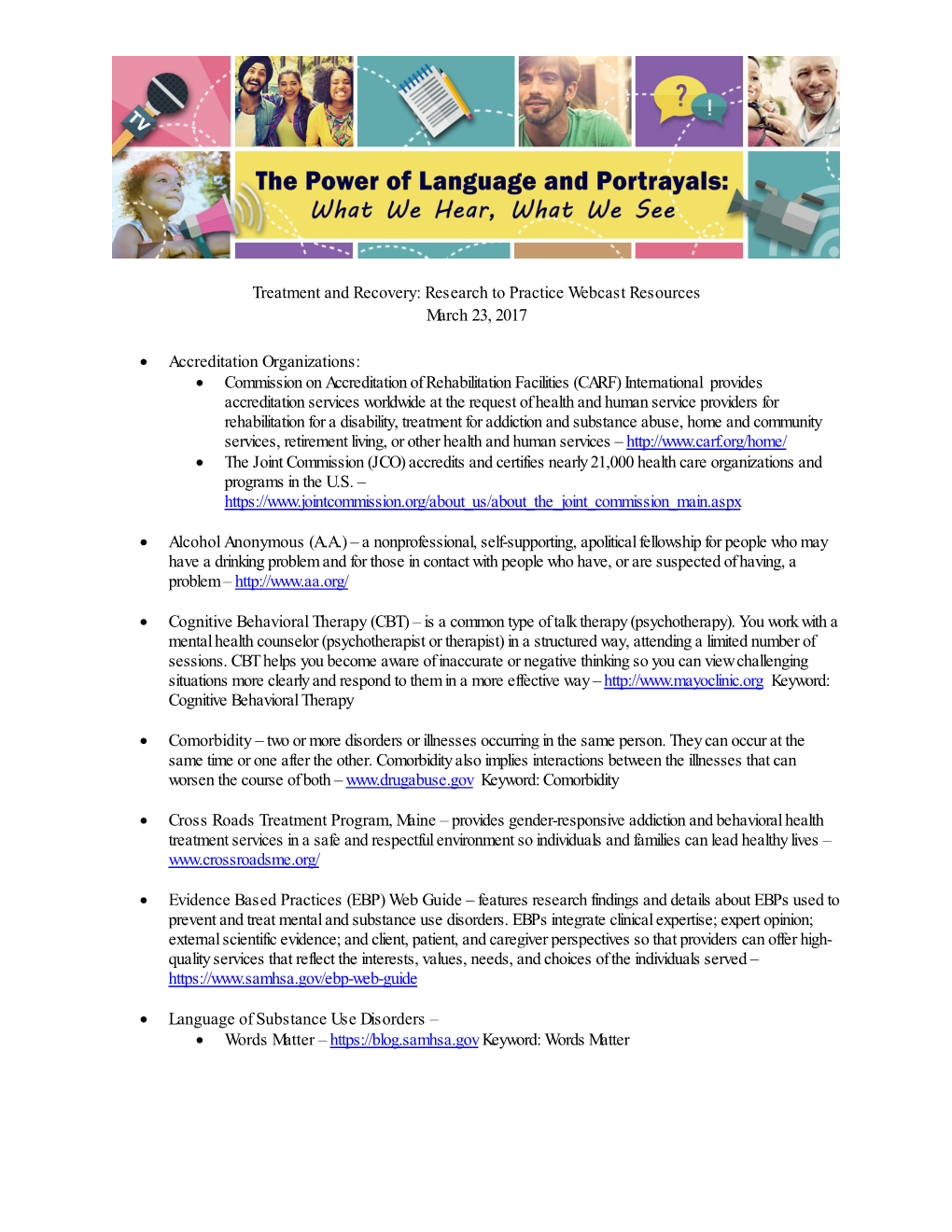 Treatment and Recovery: Research to Practice Webcast Resources, March 23, 2017