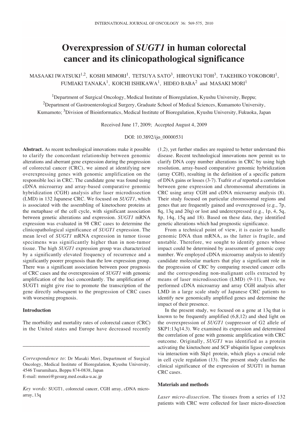 Overexpression of SUGT1 in Human Colorectal Cancer and Its Clinicopathological Significance