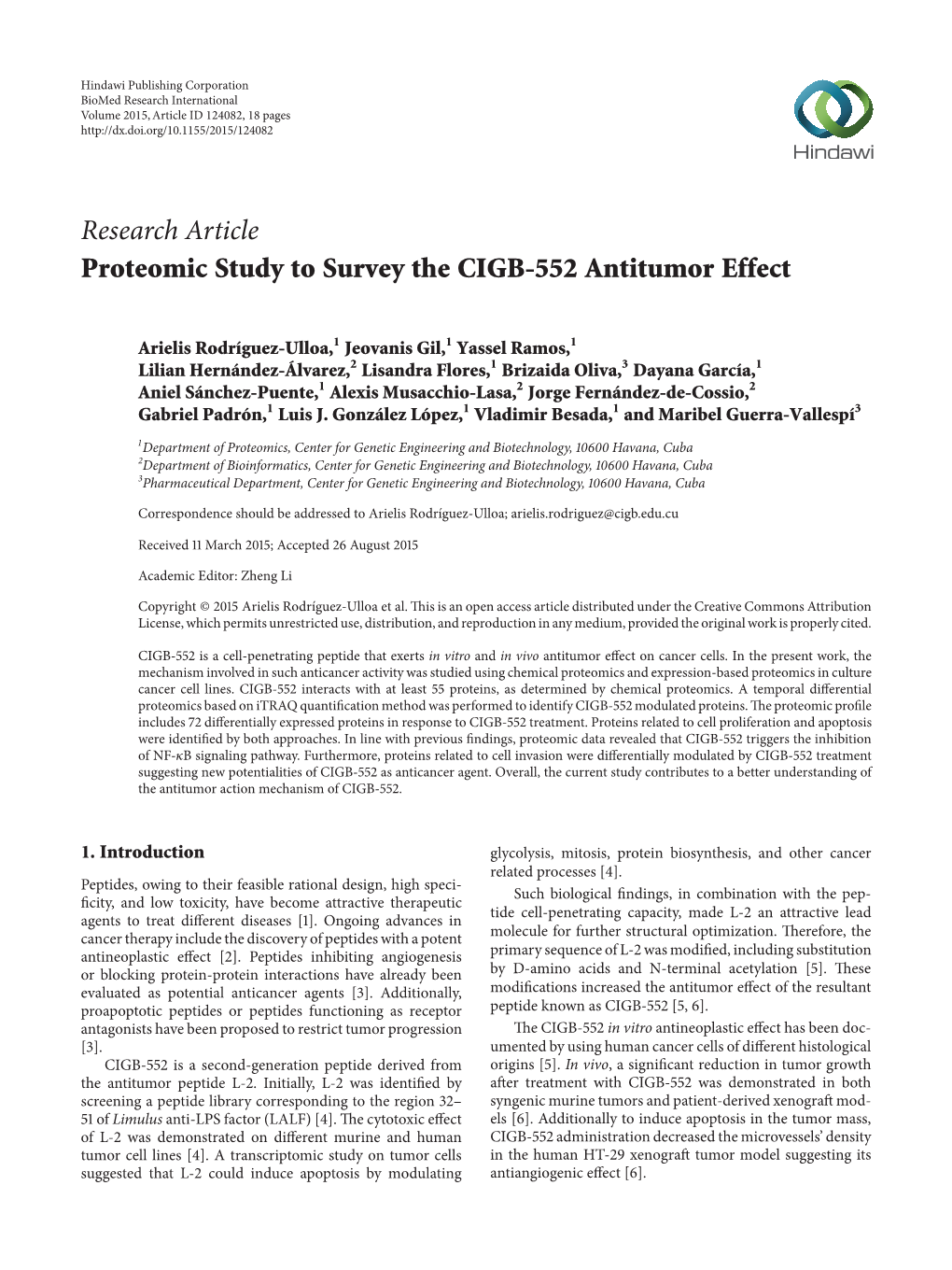 Proteomic Study to Survey the CIGB-552 Antitumor Effect