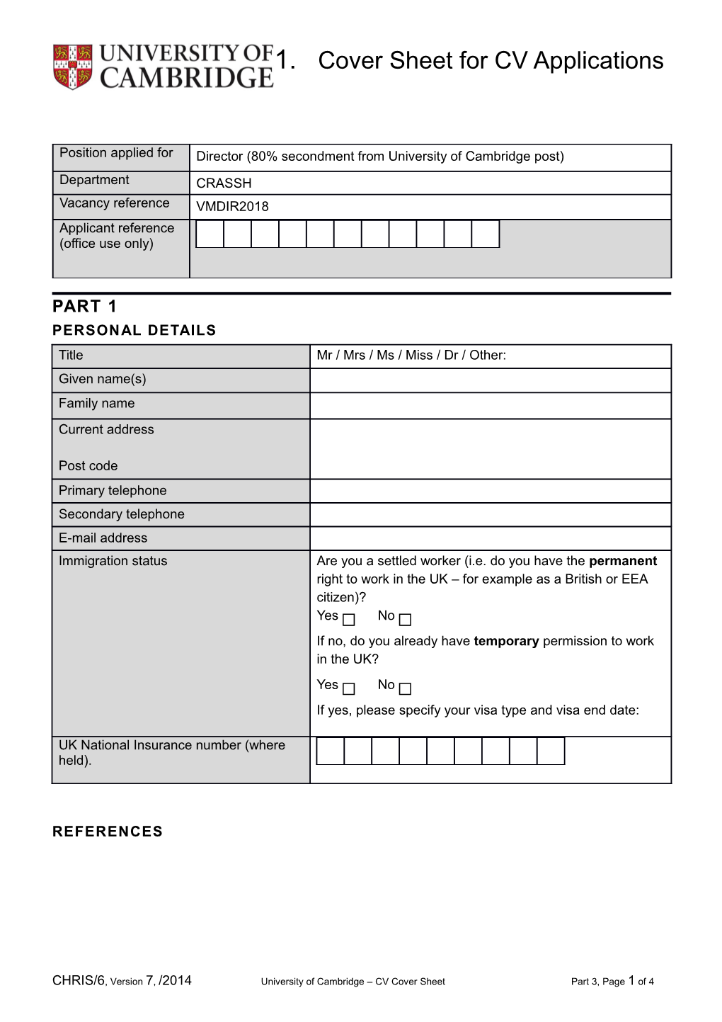 Form CHRIS/6: Cover Sheet for CV Applications