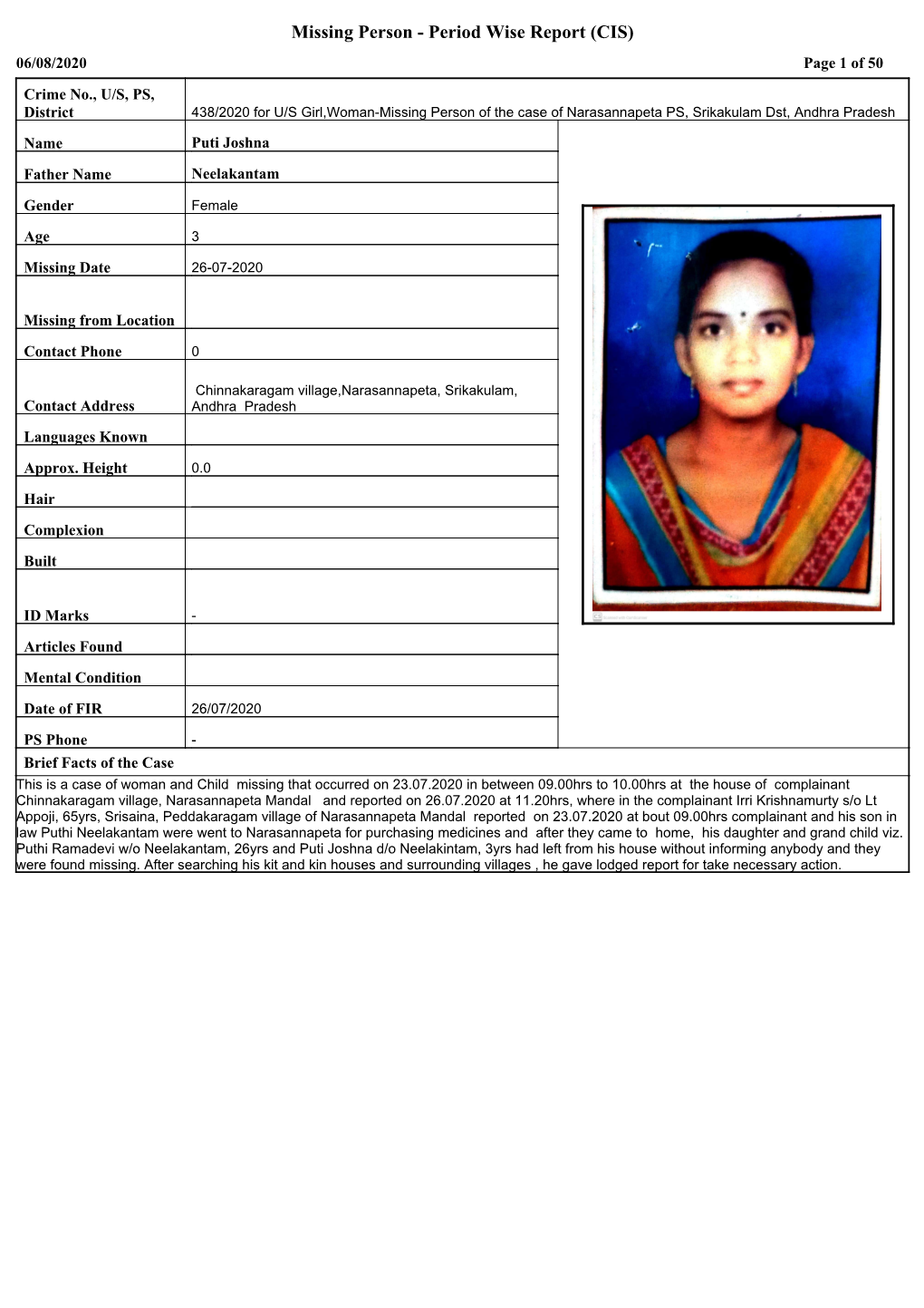 Missing Person - Period Wise Report (CIS) 06/08/2020 Page 1 of 50