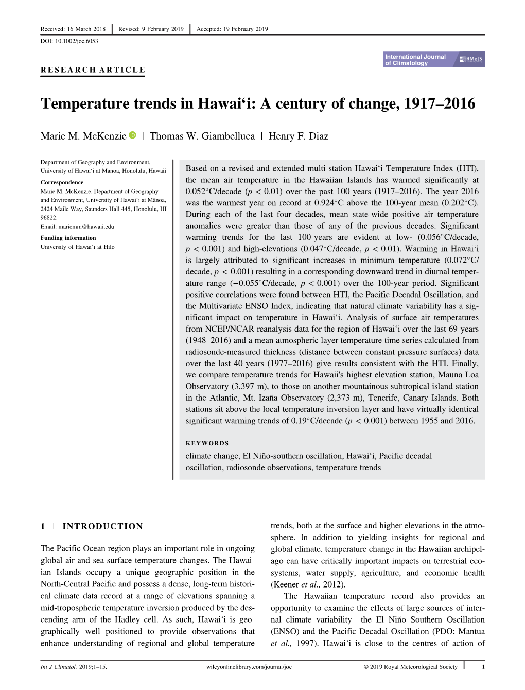 Temperature Trends in Hawaiʻi: a Century of Change, 1917-2016