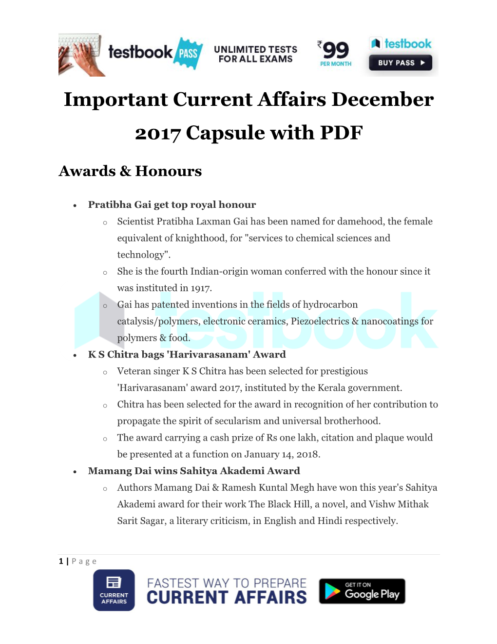 Important Current Affairs December 2017 Capsule with PDF