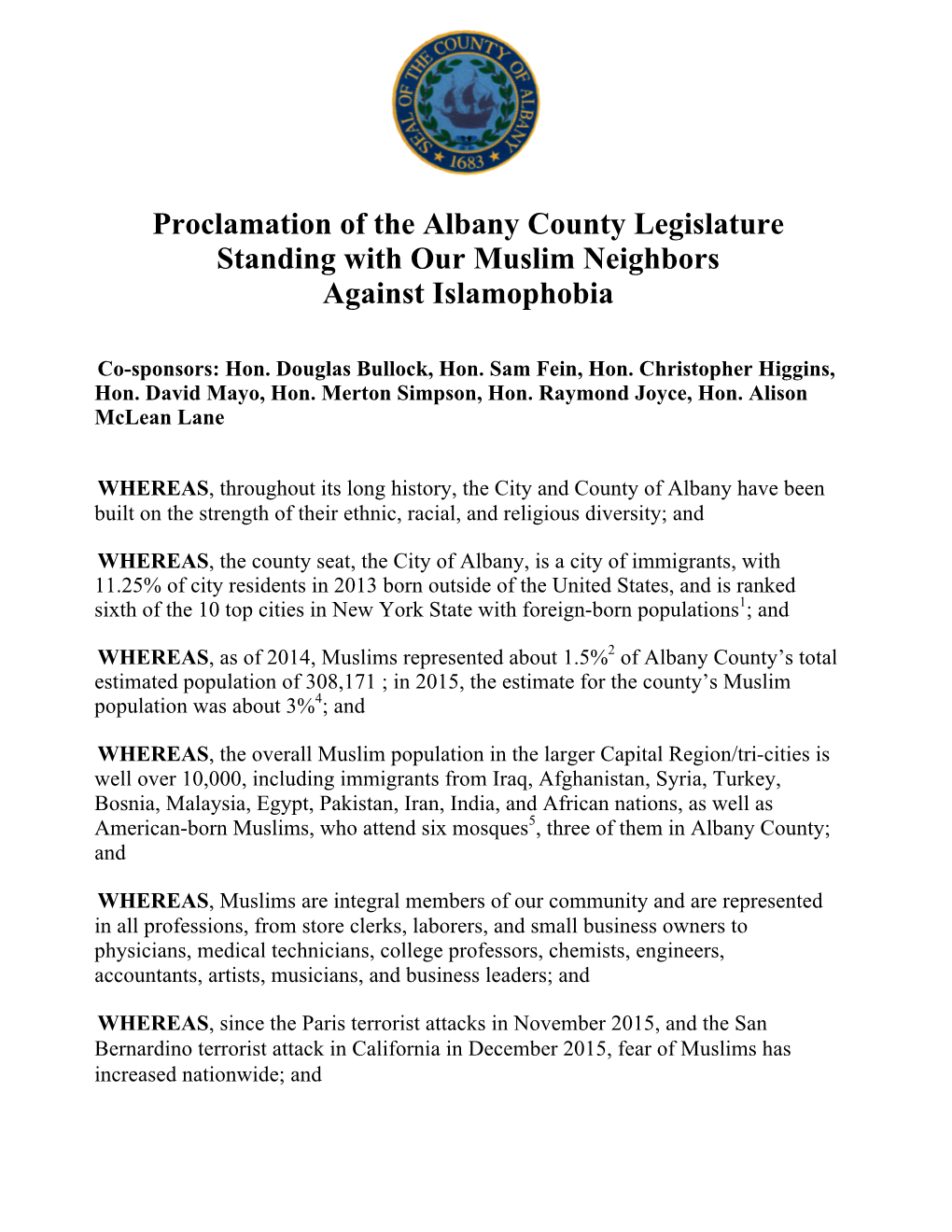 Proclamation of the Albany County Legislature Standing with Our Muslim Neighbors Against Islamophobia