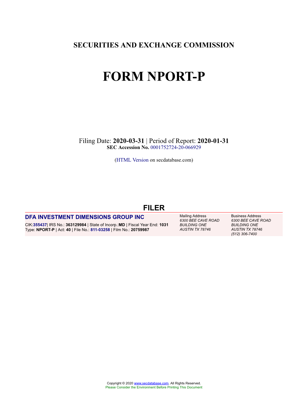 DFA INVESTMENT DIMENSIONS GROUP INC Form NPORT-P Filed 2020-03-31