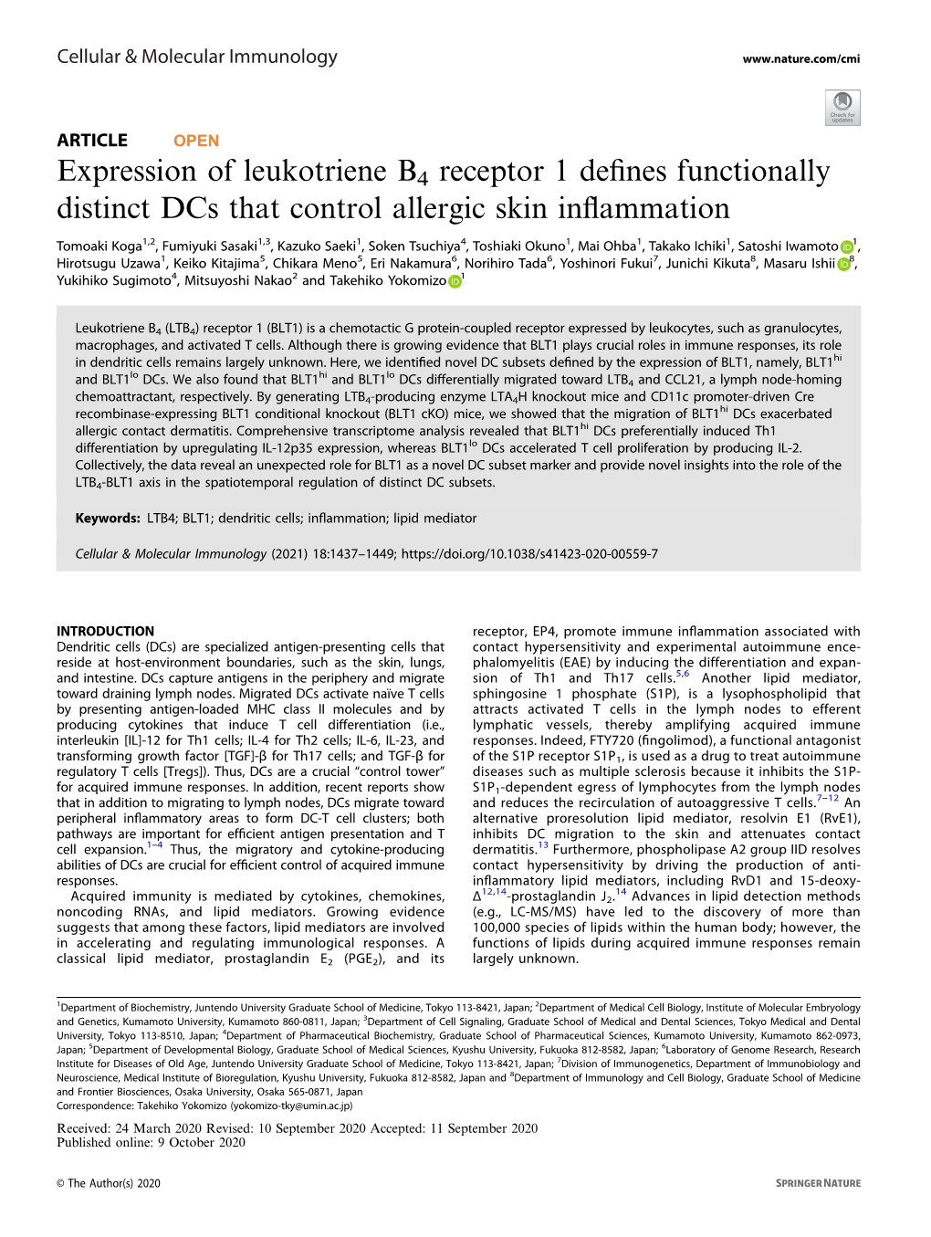 Expression of Leukotriene B4 Receptor 1 Defines Functionally Distinct Dcs