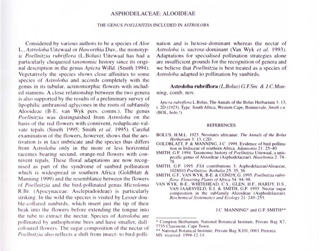 ASPHODELACEAE: ALOOIDEAE Considered by Various Authors To