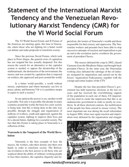 Statement of the International Marxist Tendency and the Venezuelan Revo- Lutionary Marxist Tendency (CMR) for the VI World Social Forum