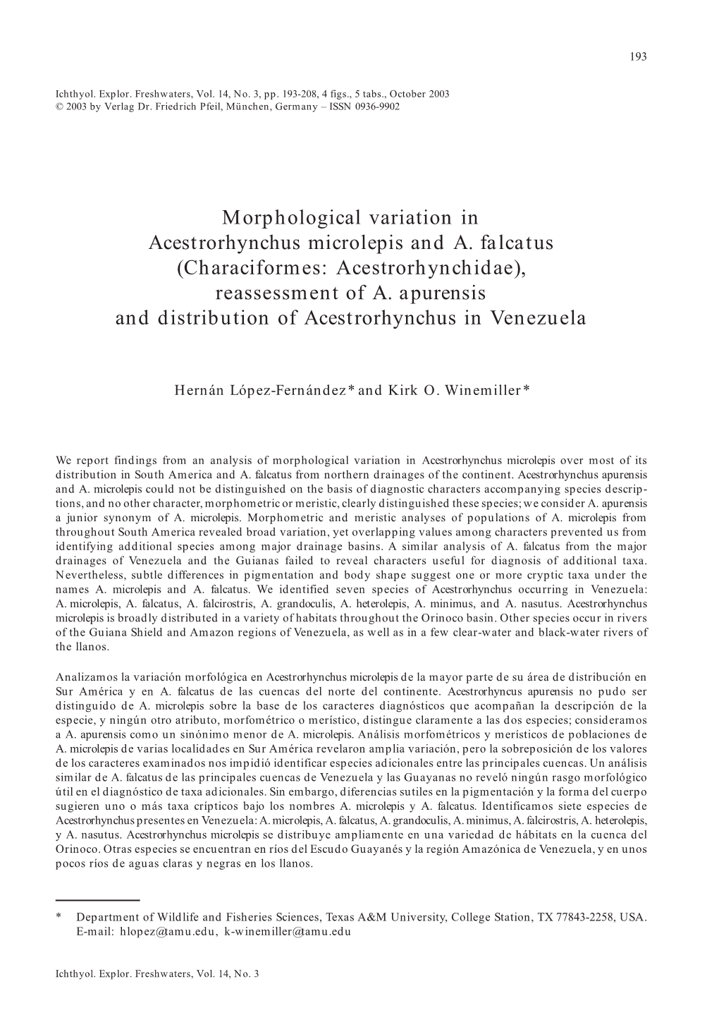 Morphological Variation in Acestrorhynchus Microlepis and A. Falcatus (Characiformes: Acestrorhynchidae), Reassessment of A