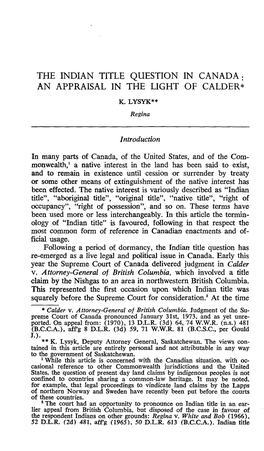 The Indian Title Question in Canada : an Appraisal in the Light of Calder*