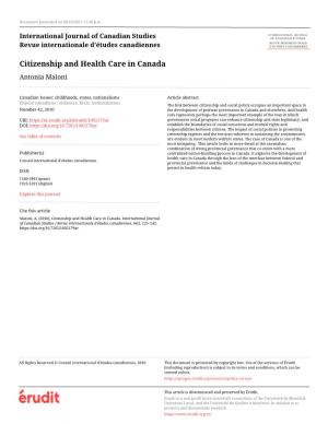 Citizenship and Health Care in Canada Antonia Maioni