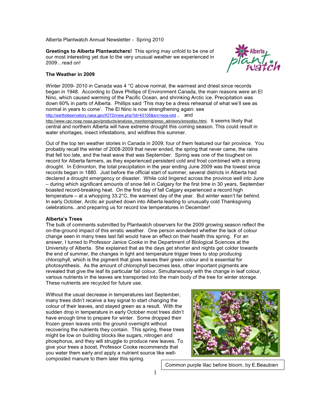 Spring 2010 Alberta Plantwatch Newsletter (PDF)