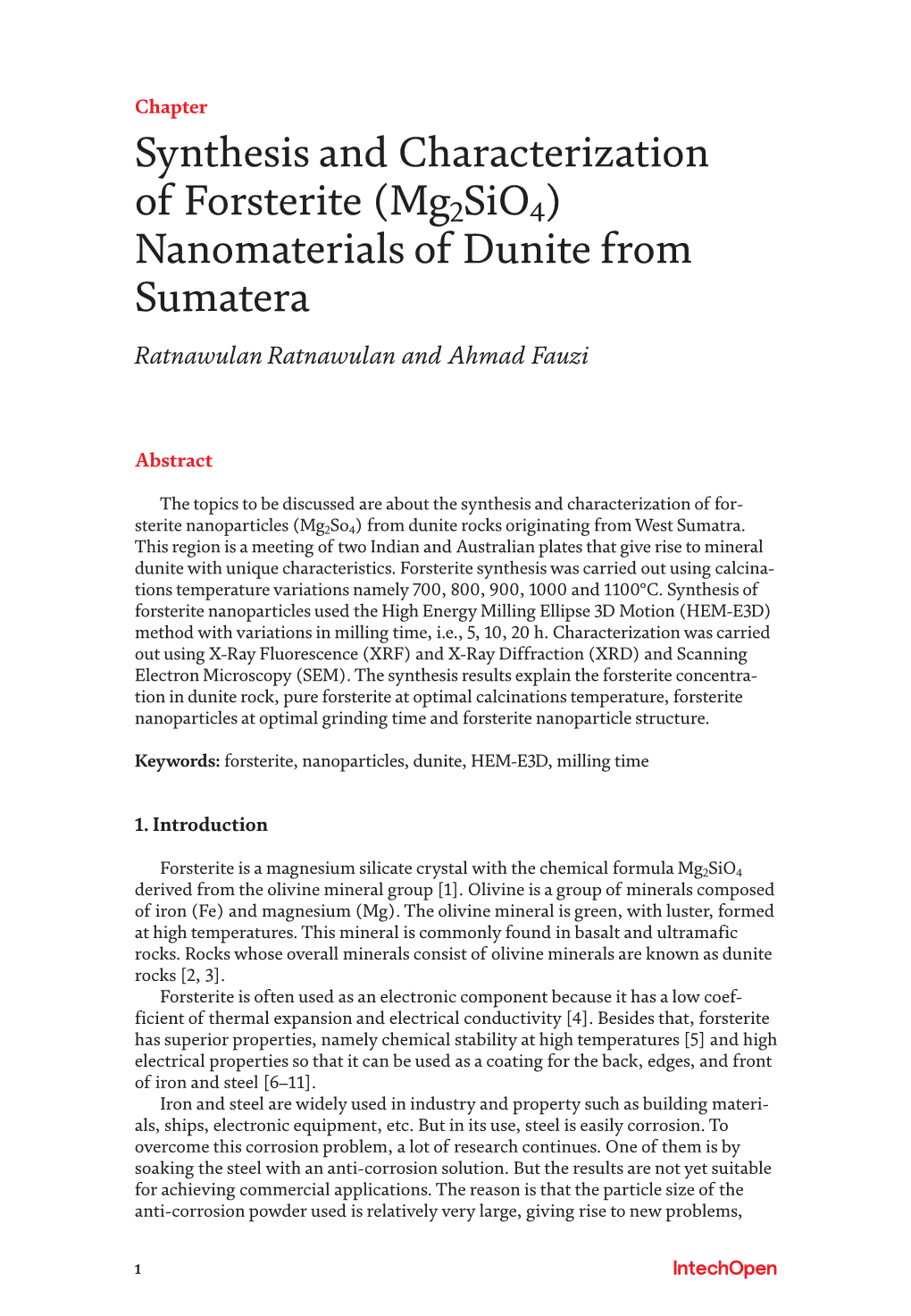 Synthesis and Characterization of Forsterite (Mg2sio4) Nanomaterials of Dunite from Sumatera