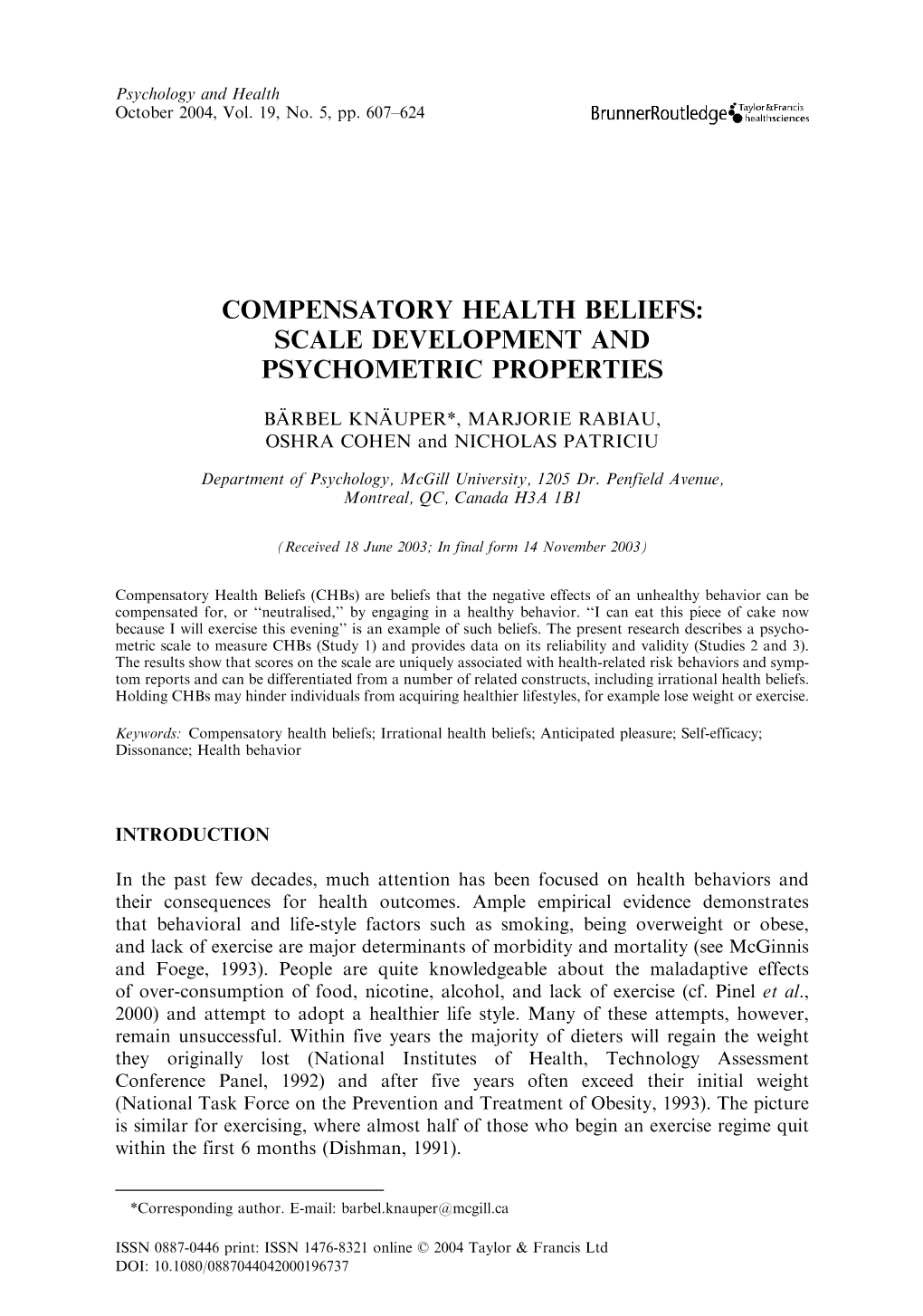 Compensatory Health Beliefs: Scale Development and Psychometric Properties