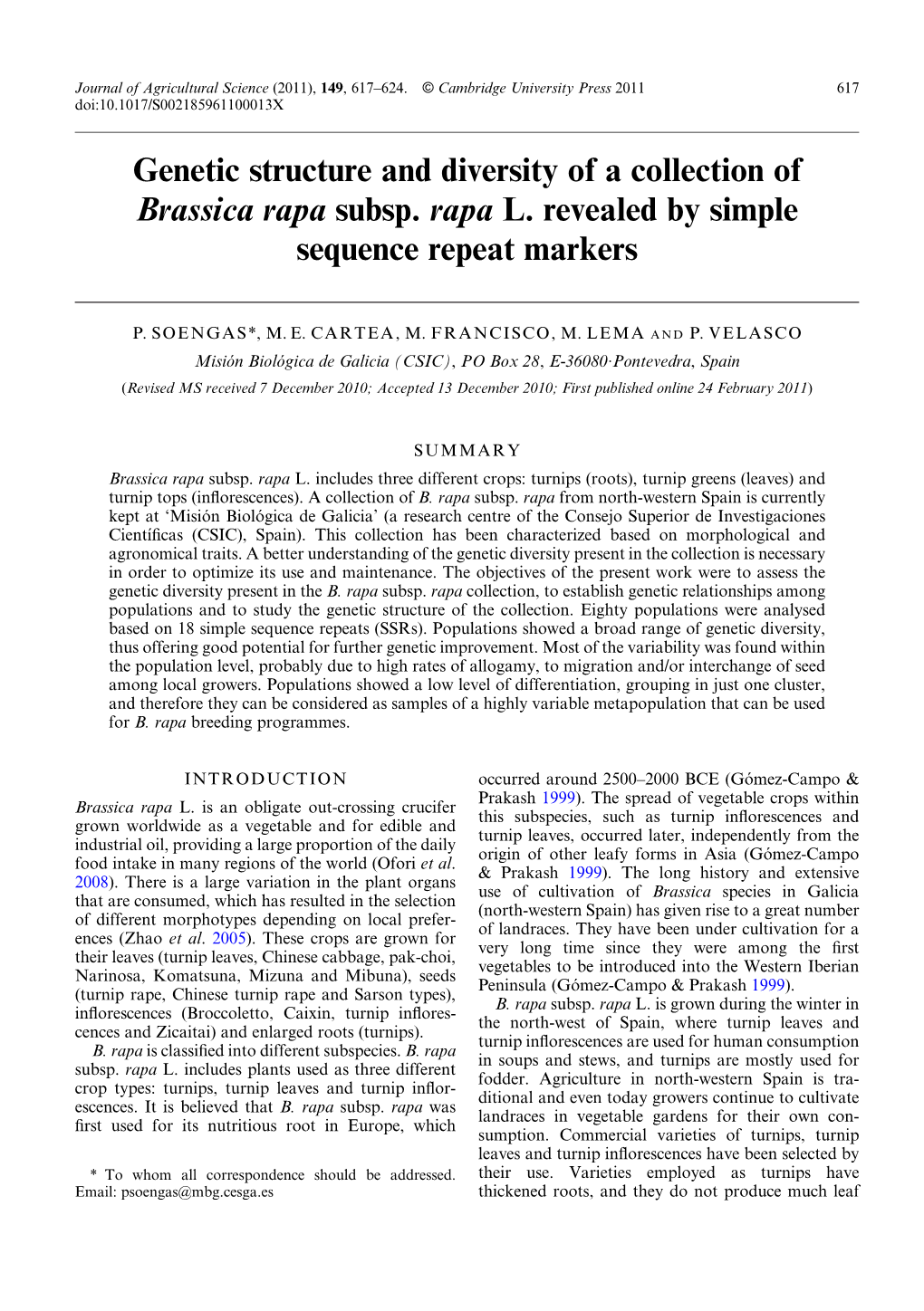 Genetic Structure and Diversity of a Collection of Brassica Rapa Subsp