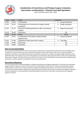 Complications of Incontinence and Prolapse Surgery: Evaluation, Intervention, and Resolution—A Review from Both Specialties W42, 16 October 2012 14:00 - 18:00