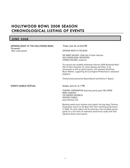 Hollywood Bowl 2008 Season Chronological Listing of Events