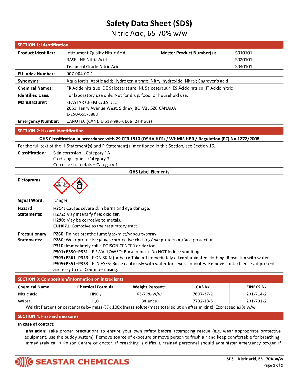 Safety Data Sheet (SDS) Nitric Acid, 65-70% W/W