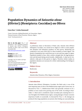 Population Dynamics of Saissetia Oleae (Olivier) (Hemiptera: Coccidae) on Olives
