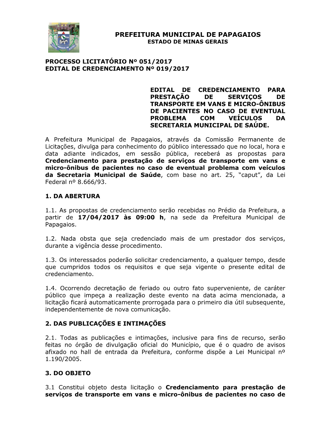 Prefeitura Municipal De Papagaios Estado De Minas Gerais