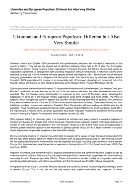 Ukrainian and European Populism: Different but Also Very Similar Written by Taras Kuzio