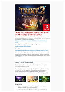 Trine 2: Complete Story out Now on Nintendo Switch Eshop