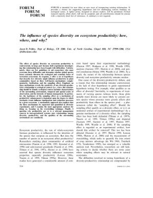 The Influence of Species Di7ersity on Ecosystem Producti7ity: How, Where