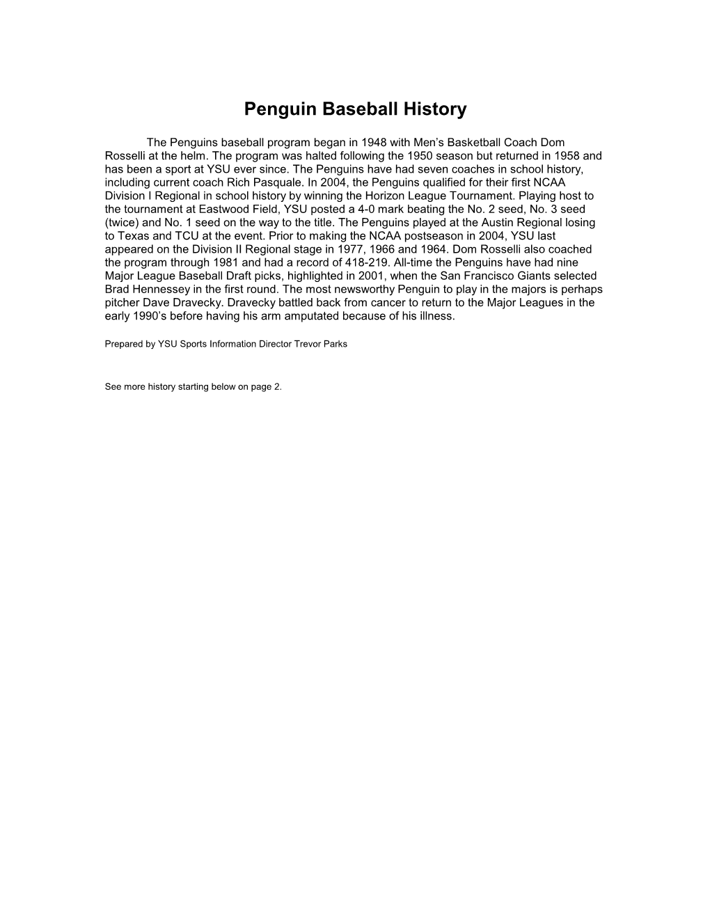 Penguin Baseball History