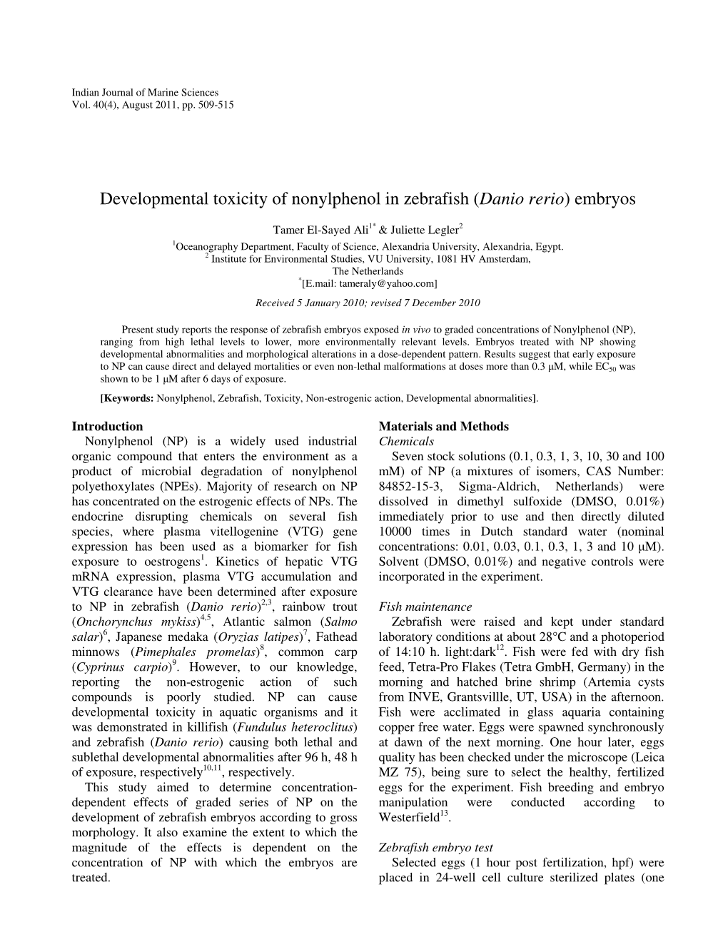 Developmental Toxicity of Nonylphenol in Zebrafish (Danio Rerio) Embryos