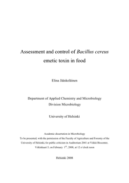 Assesment and Control of Bacillus Cereus Emetic Toxin in Food