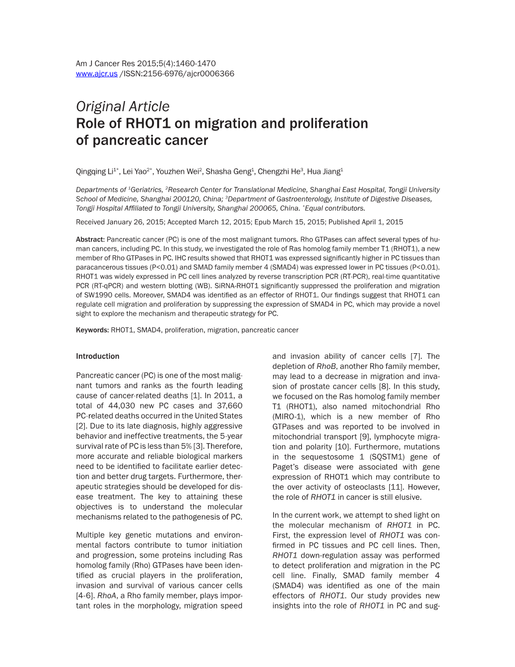 Original Article Role of RHOT1 on Migration and Proliferation of Pancreatic Cancer