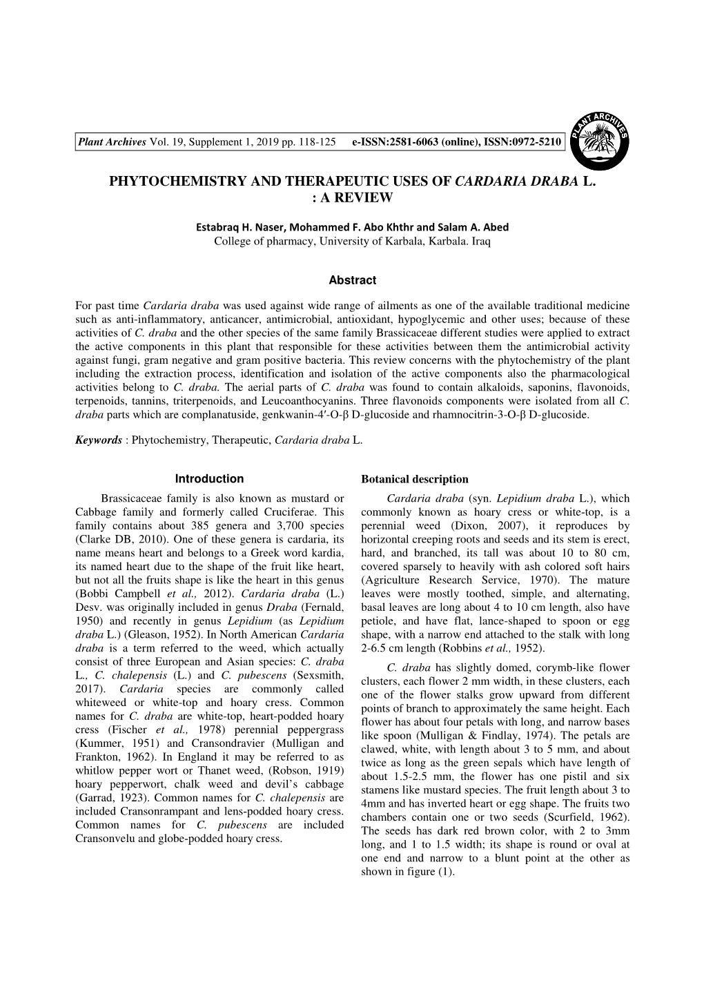 Phytochemistry and Therapeutic Uses of Cardaria Draba L