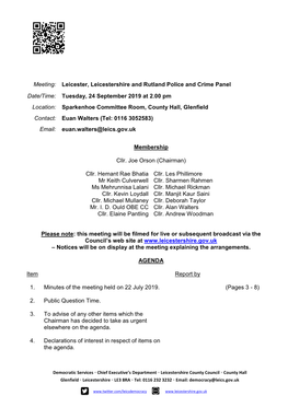 Agenda Document for Leicester, Leicestershire and Rutland Police and Crime Panel, 24/09/2019 14:00