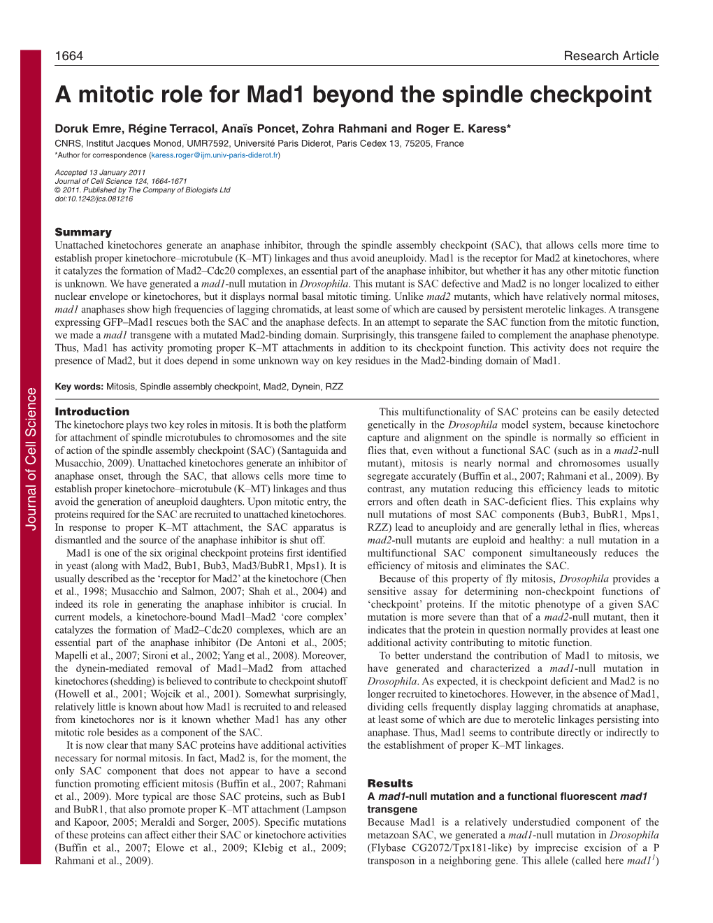 A Mitotic Role for Mad1 Beyond the Spindle Checkpoint