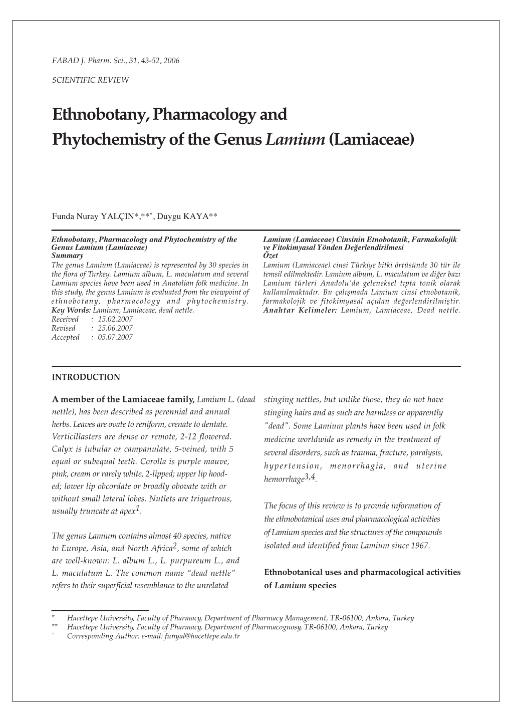 Ethnobotany, Pharmacology and Phytochemistry of the Genus Lamium (Lamiaceae)