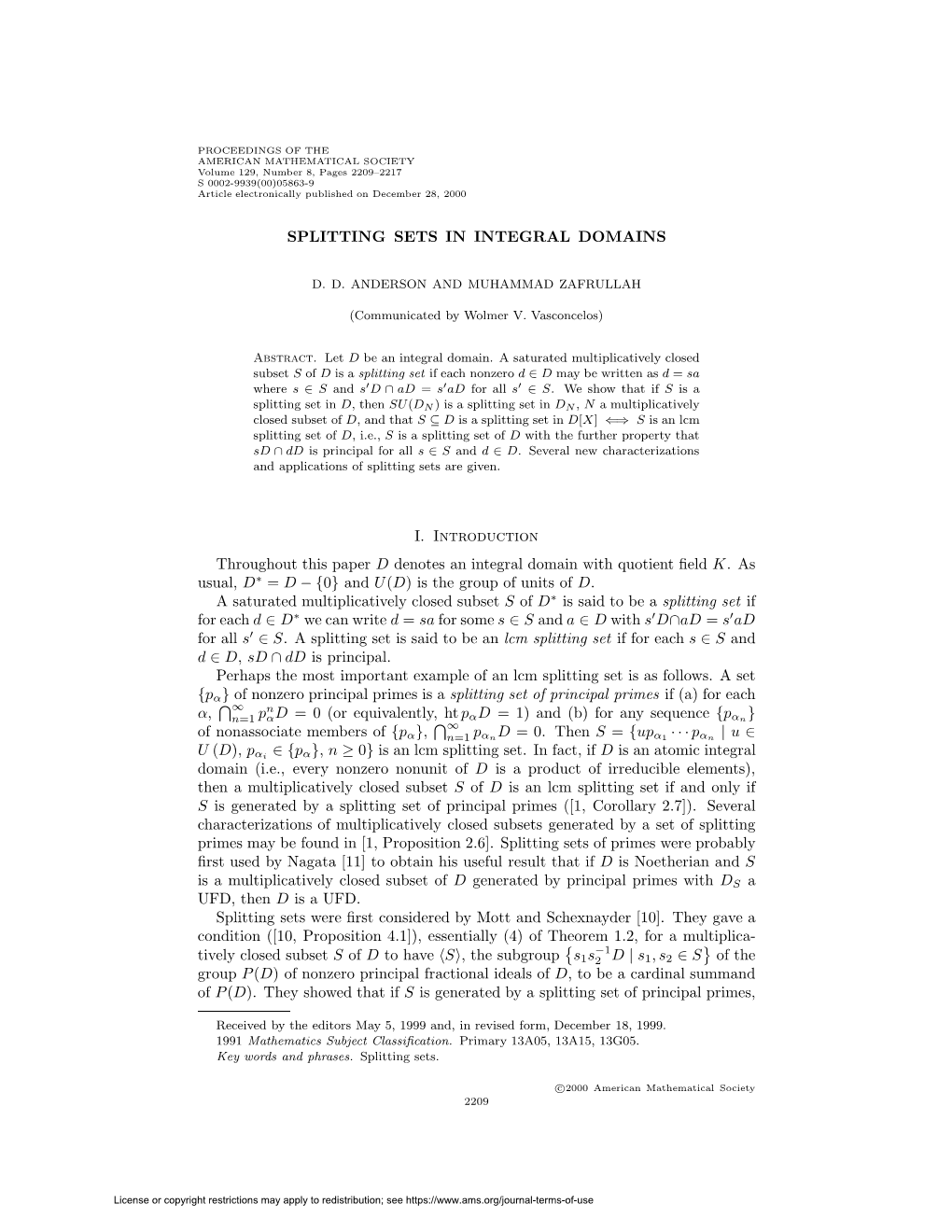 SPLITTING SETS in INTEGRAL DOMAINS I. Introduction