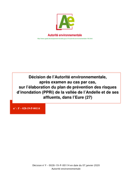 Décision De L'autorité Environnementale, Après Examen Au Cas Par Cas, Sur L'élaboration Du Plan De Prévention Des Risqu