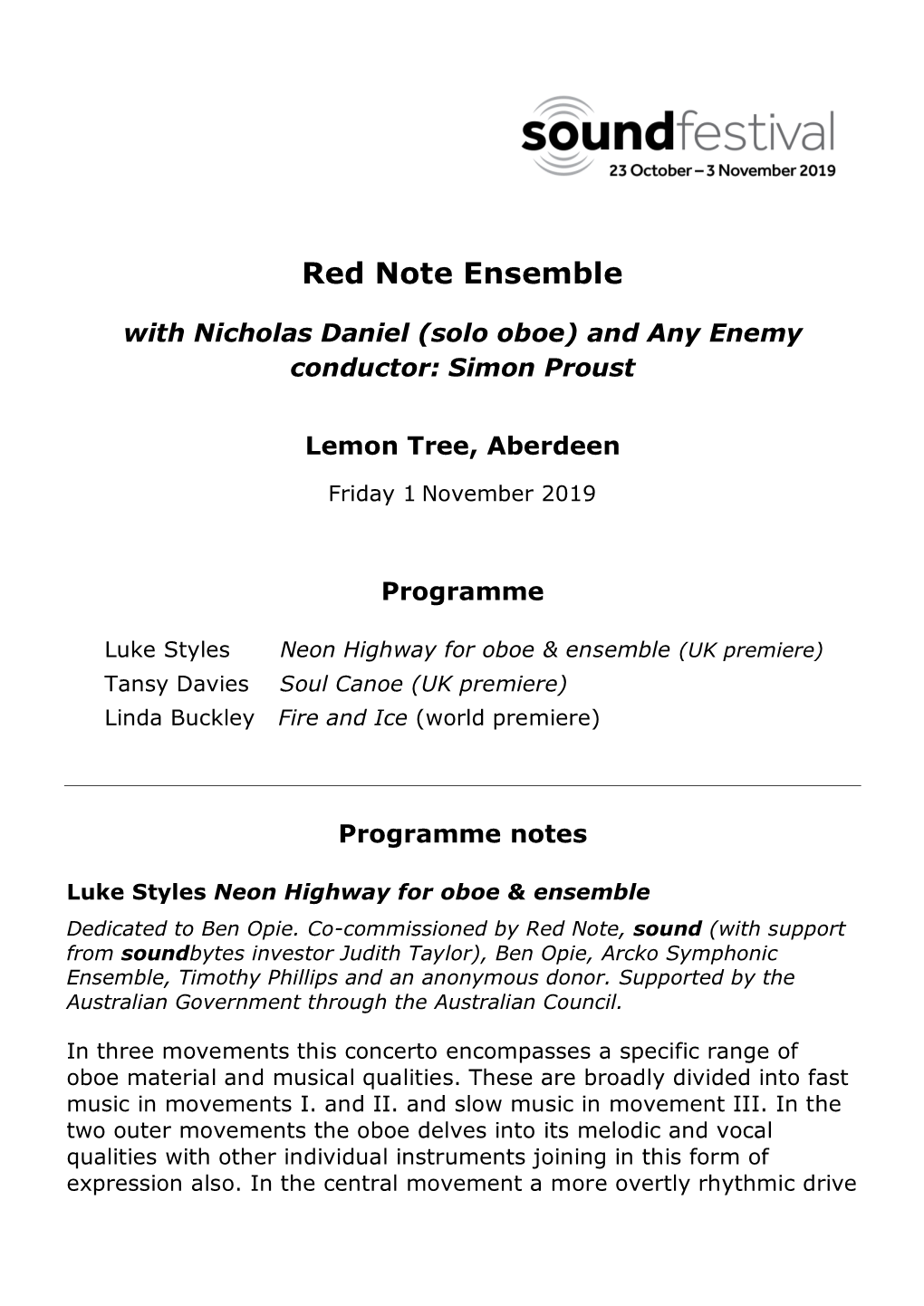 Red Note Ensemble with Nicholas Daniel (Oboe)