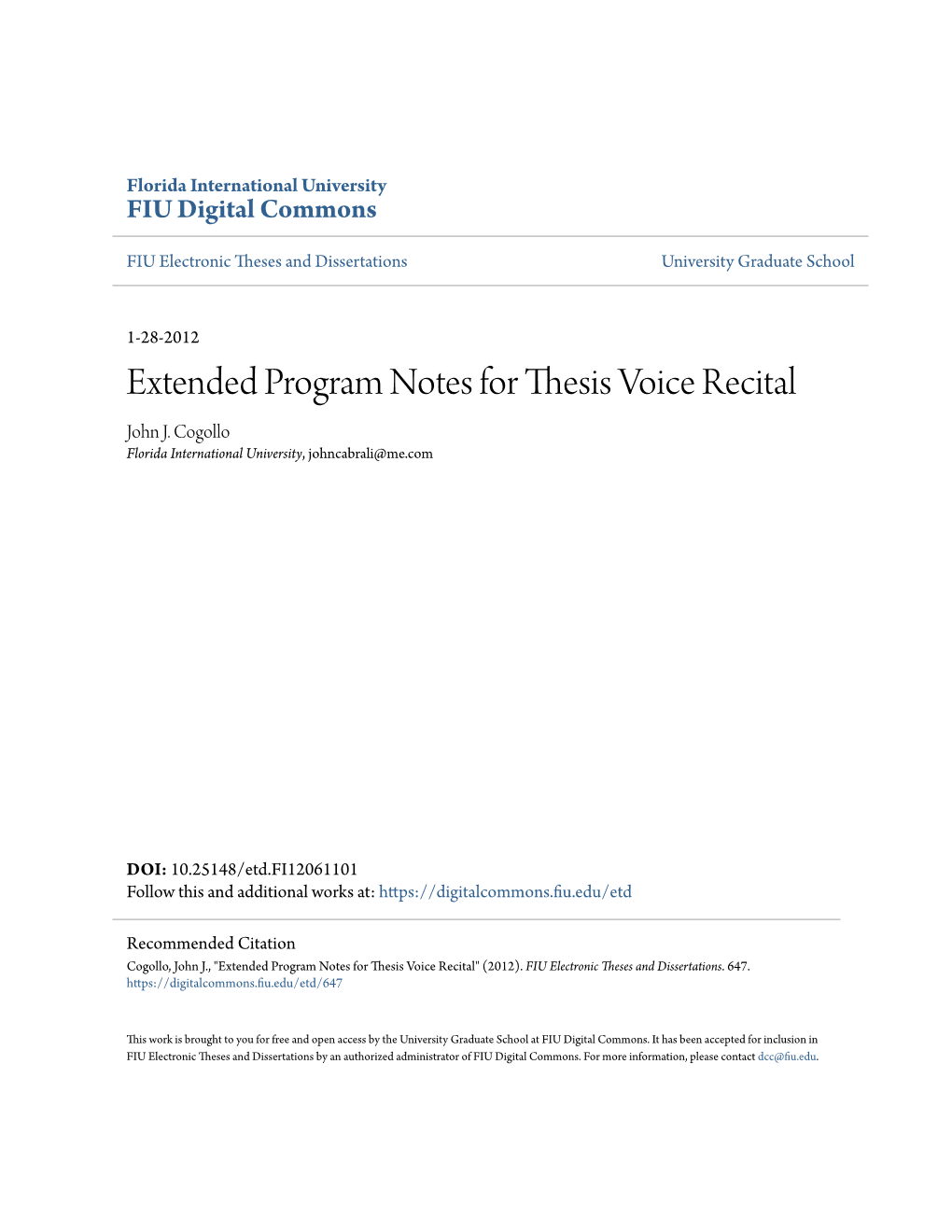 Extended Program Notes for Thesis Voice Recital John J