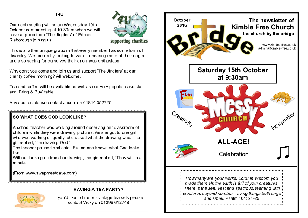 Kimble Free Church ALL-AGE! Saturday 15Th October at 9:30Am