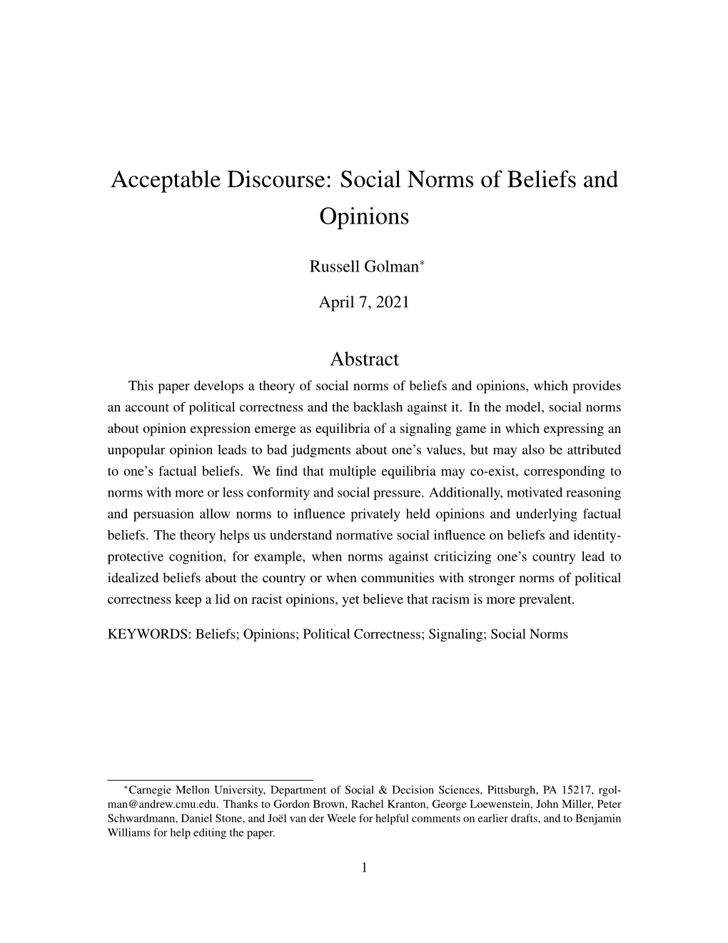 Acceptable Discourse: Social Norms of Beliefs and Opinions