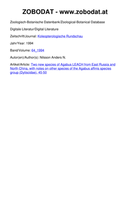 Two New Species Oîagabus LEACH from East Russia and North China, with Notes on Other Species of the Agabus Affinis Species Group (Coleoptera: Dytiscidae)