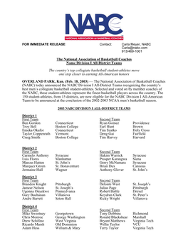 The National Association of Basketball Coaches Name Division I All