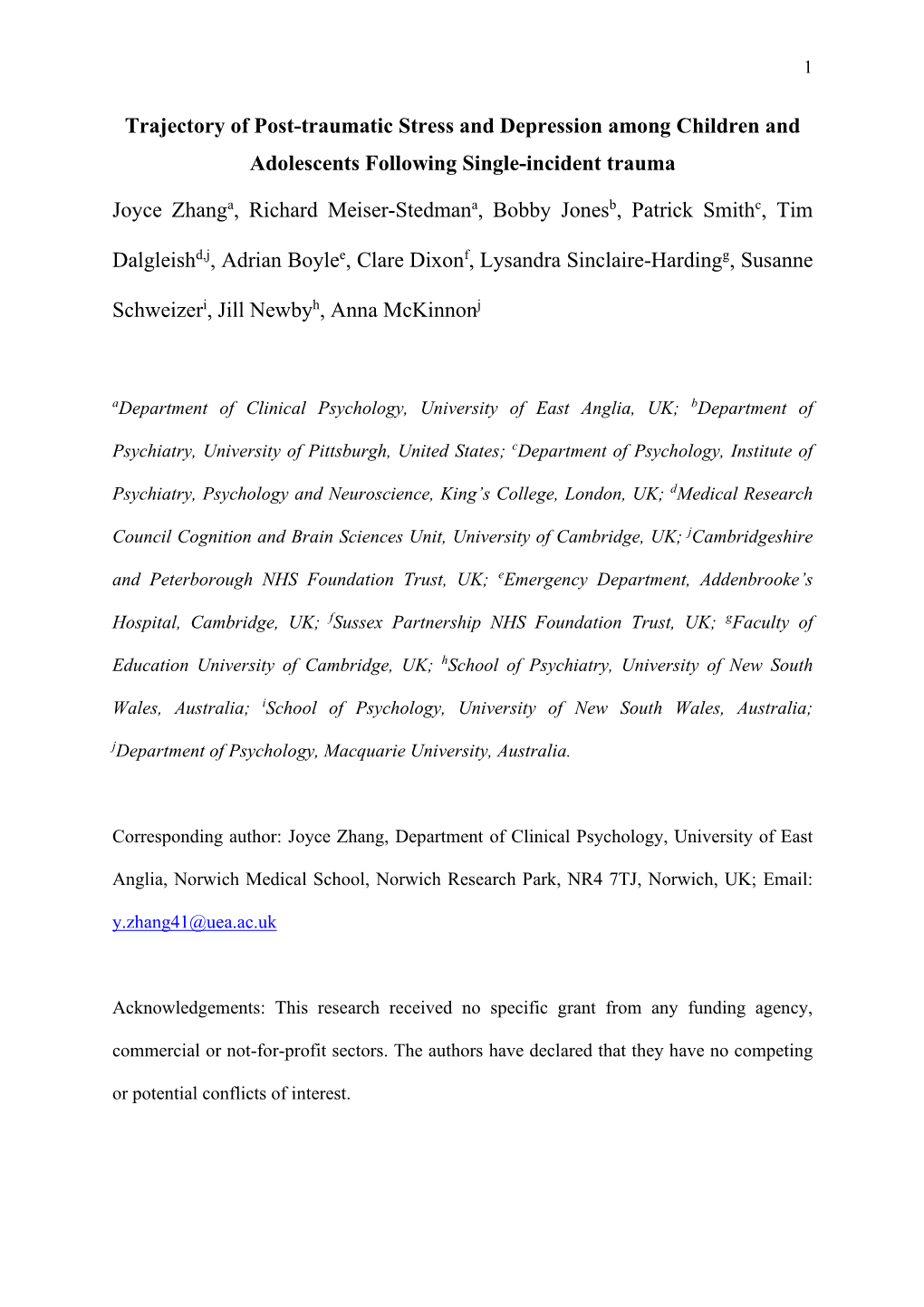 Trajectory of Post-Traumatic Stress and Depression Among Children and Adolescents Following Single-Incident Trauma