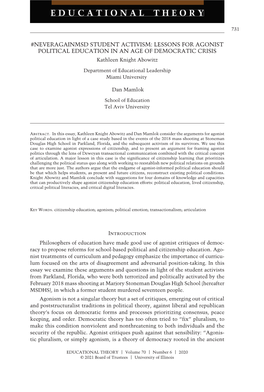 NEVERAGAINMSD STUDENT ACTIVISM: LESSONS for AGONIST POLITICAL EDUCATION in an AGE of DEMOCRATIC CRISIS Kathleen Knight Abowitz