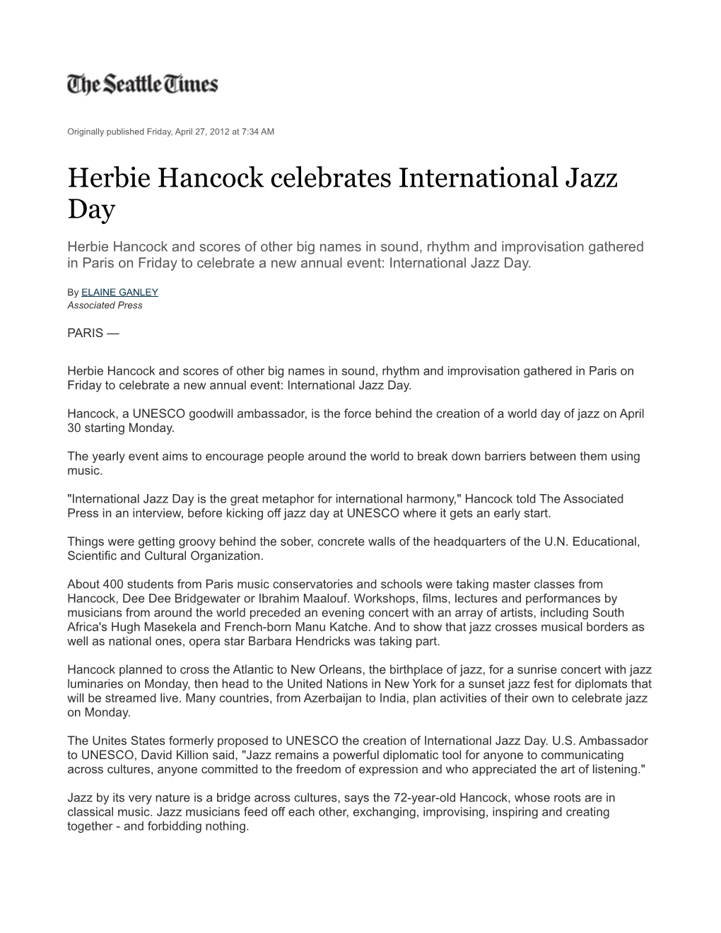 Herbie Hancock Celebrates International Jazz Day