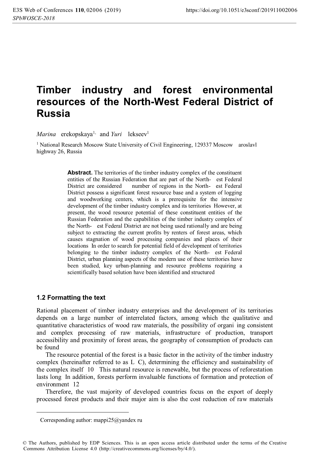 Timber Industry and Forest Environmental Resources of the North-West Federal District of Russia