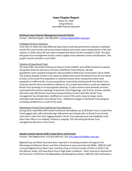 Iowa Chapter Report March 31, 2020 Greg Gelwicks Iowa DNR Fisheries Research