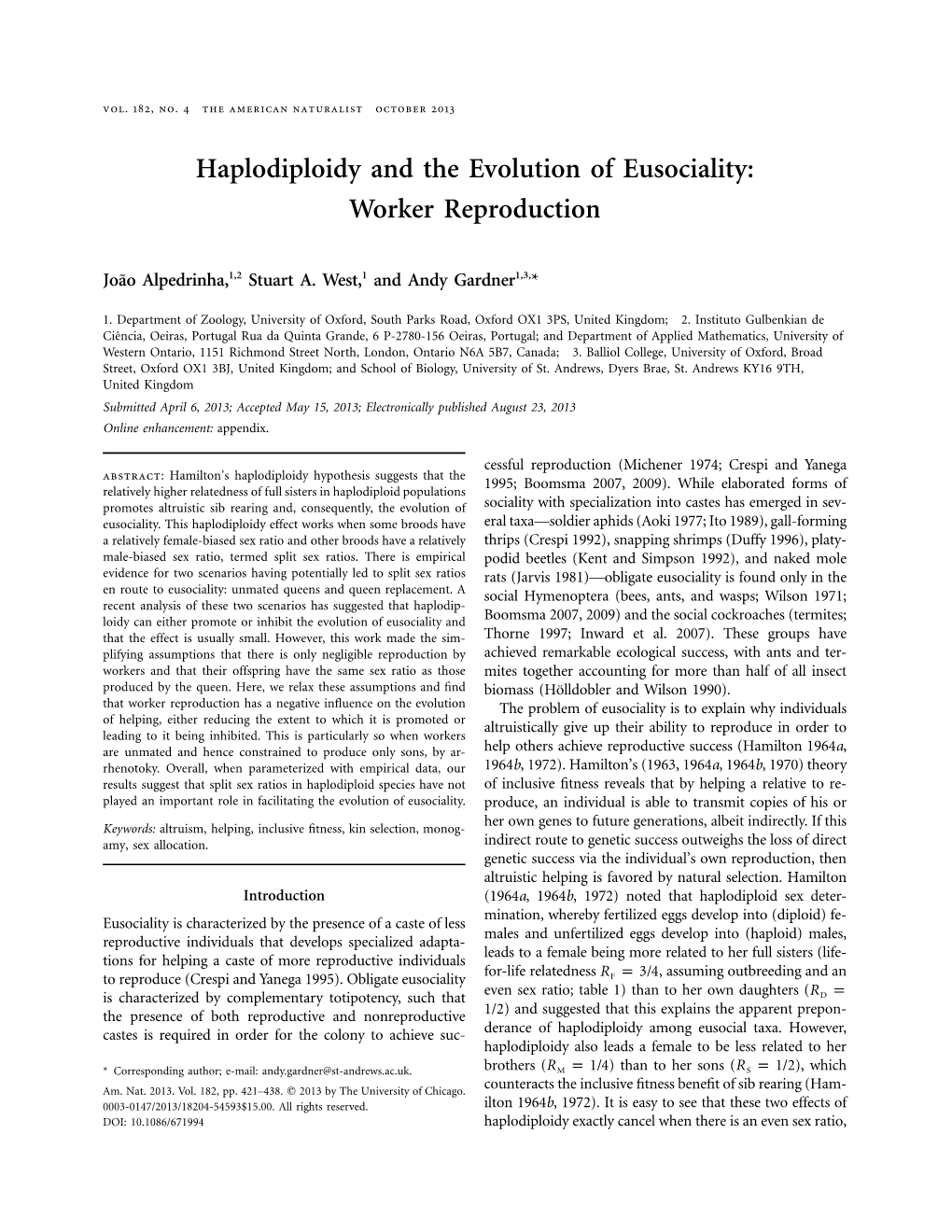 Haplodiploidy and the Evolution of Eusociality: Worker Reproduction